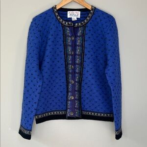 Vintage Tally-Ho Scandinavian Fair Isle Wool Cardigan Sweater Size M Blue Black